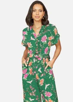 Yumi Green Recycled Crane Print Jumpsuit With Matching Belt