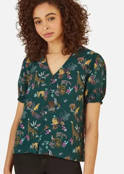 Yumi Green Recycled Fabric Safari Animal Print Shirt
