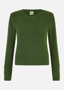 Yumi Green Rib Knitted Jumper With Sleeve Button Detail