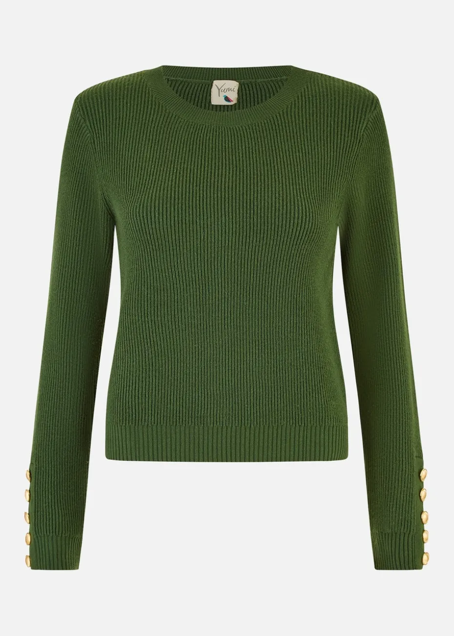 Yumi Green Rib Knitted Jumper With Sleeve Button Detail