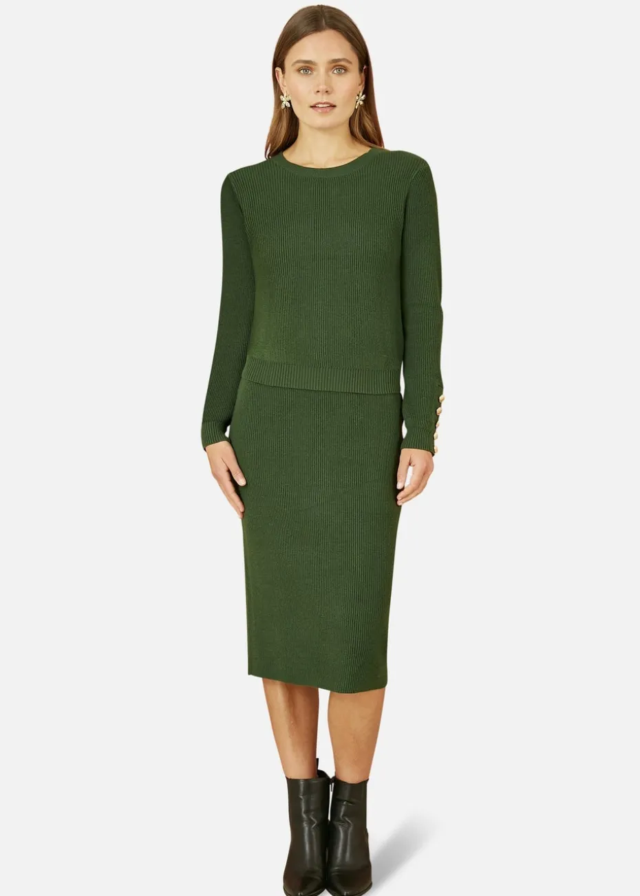 Yumi Green Rib Knitted Jumper With Sleeve Button Detail