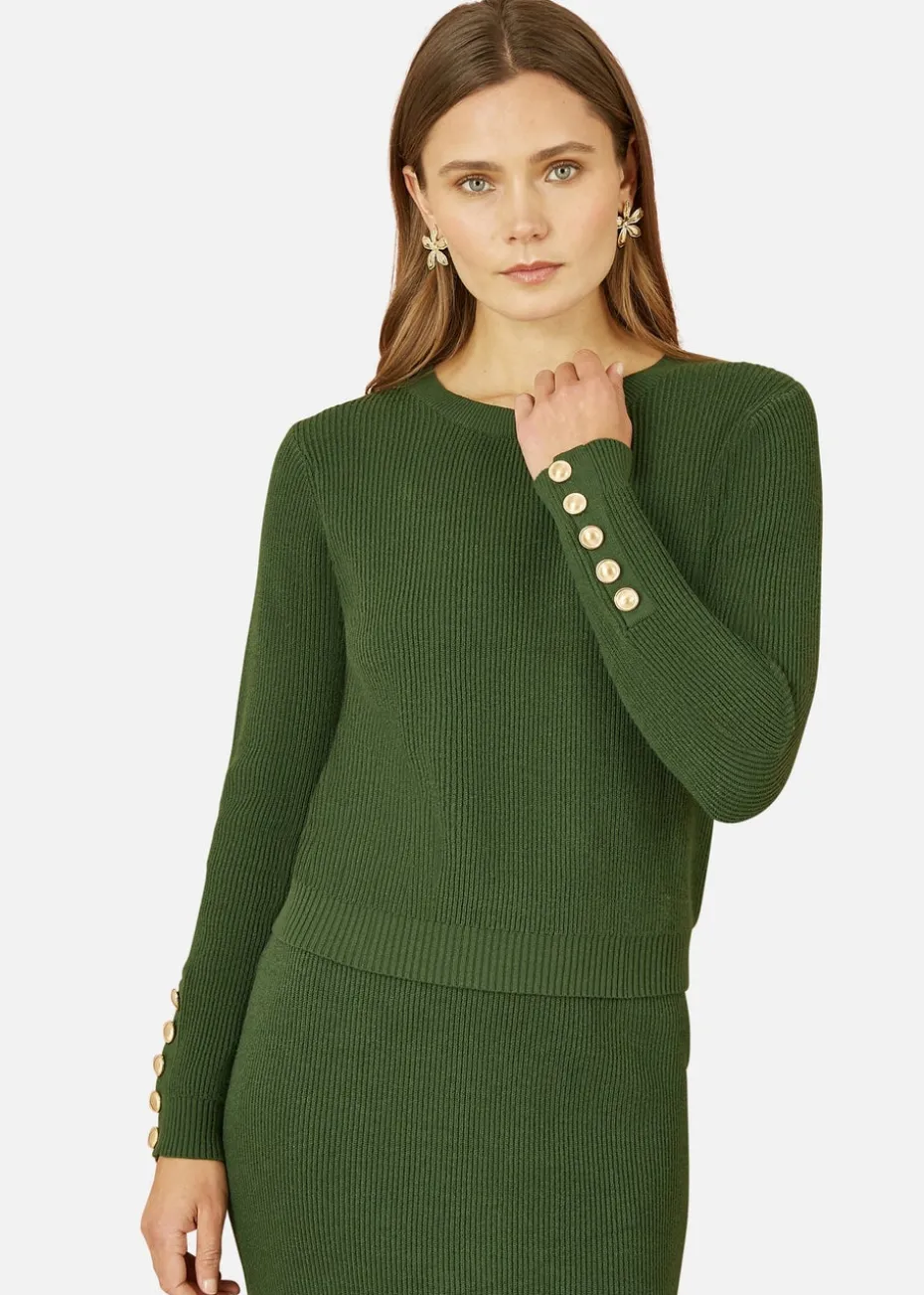 Yumi Green Rib Knitted Jumper With Sleeve Button Detail