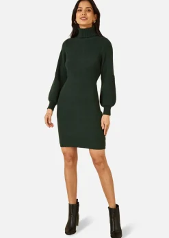 Yumi Green Roll Neck Knitted Dress With Fitted Waist