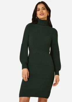 Yumi Green Roll Neck Knitted Dress With Fitted Waist