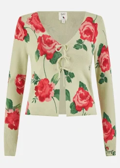 Yumi Green Rose Print Cardigan With Tie Front