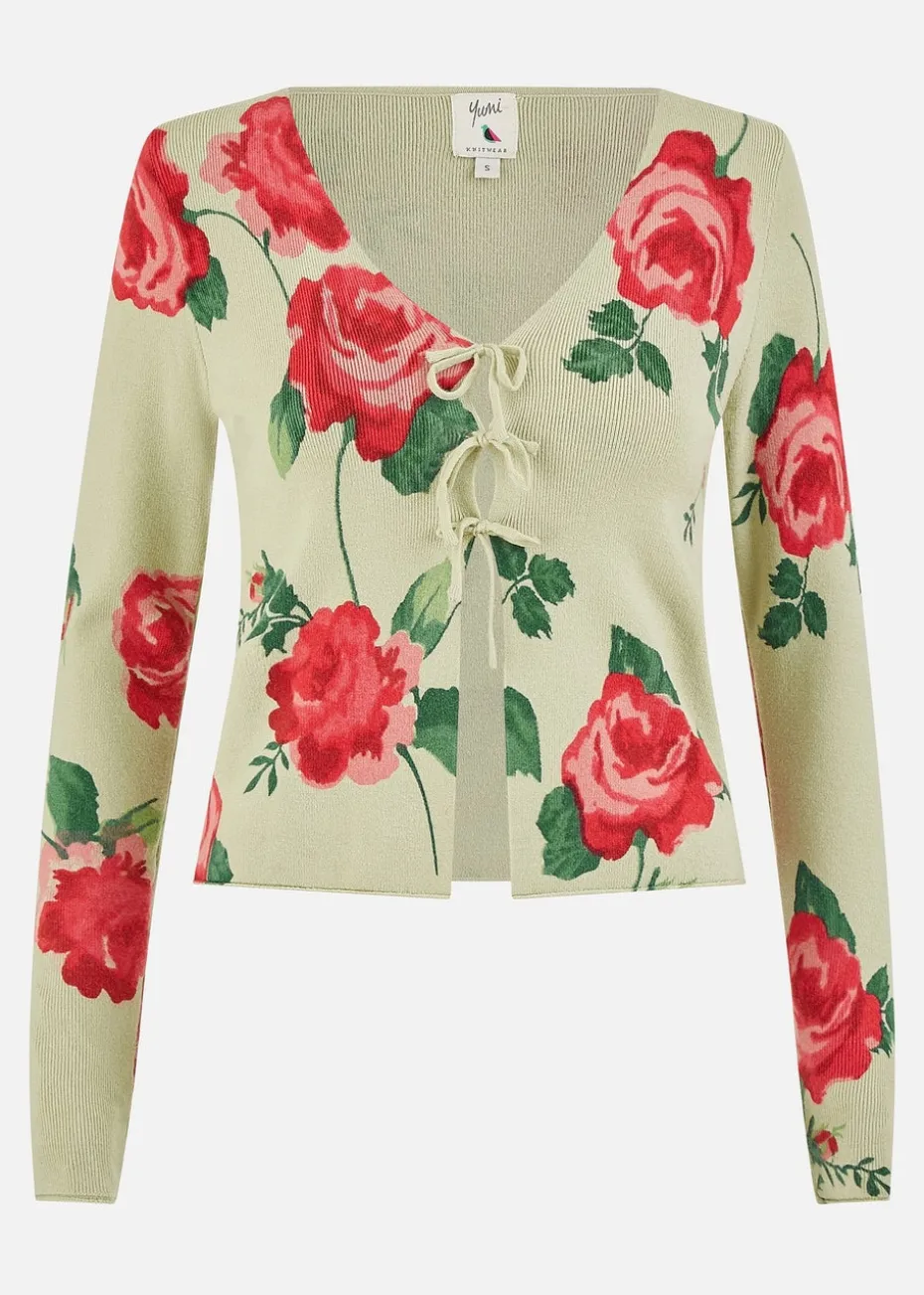 Yumi Green Rose Print Cardigan With Tie Front