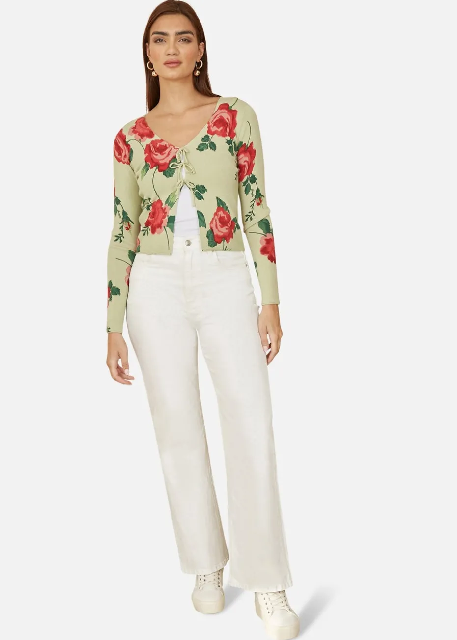 Yumi Green Rose Print Cardigan With Tie Front