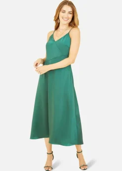 Yumi Green Satin Strappy Midi Dress