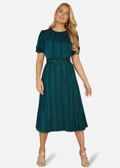 Yumi Green Satin Striped Midi Dress With Pleats and Matching Belt