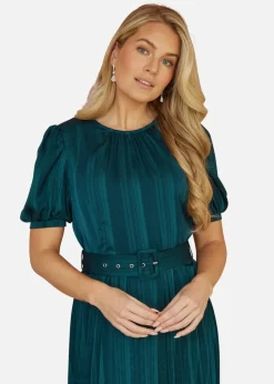 Yumi Green Satin Striped Midi Dress With Pleats and Matching Belt