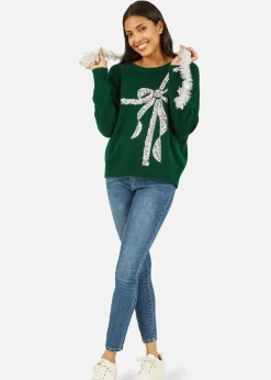 Yumi Green Sequin Bow Knitted Jumper