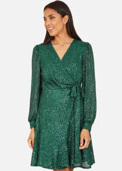 Yumi Green Sequin Long Sleeve Frill Wrap Dress