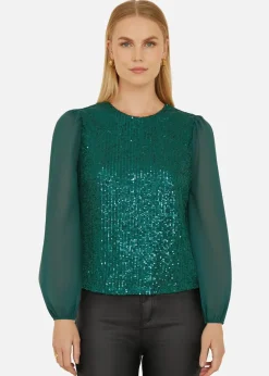 Yumi Green Sequin Top With Sheer Sleeves