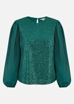Yumi Green Sequin Top With Sheer Sleeves