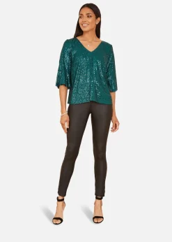 Yumi Green Sequin Top With Fluted Sleeve