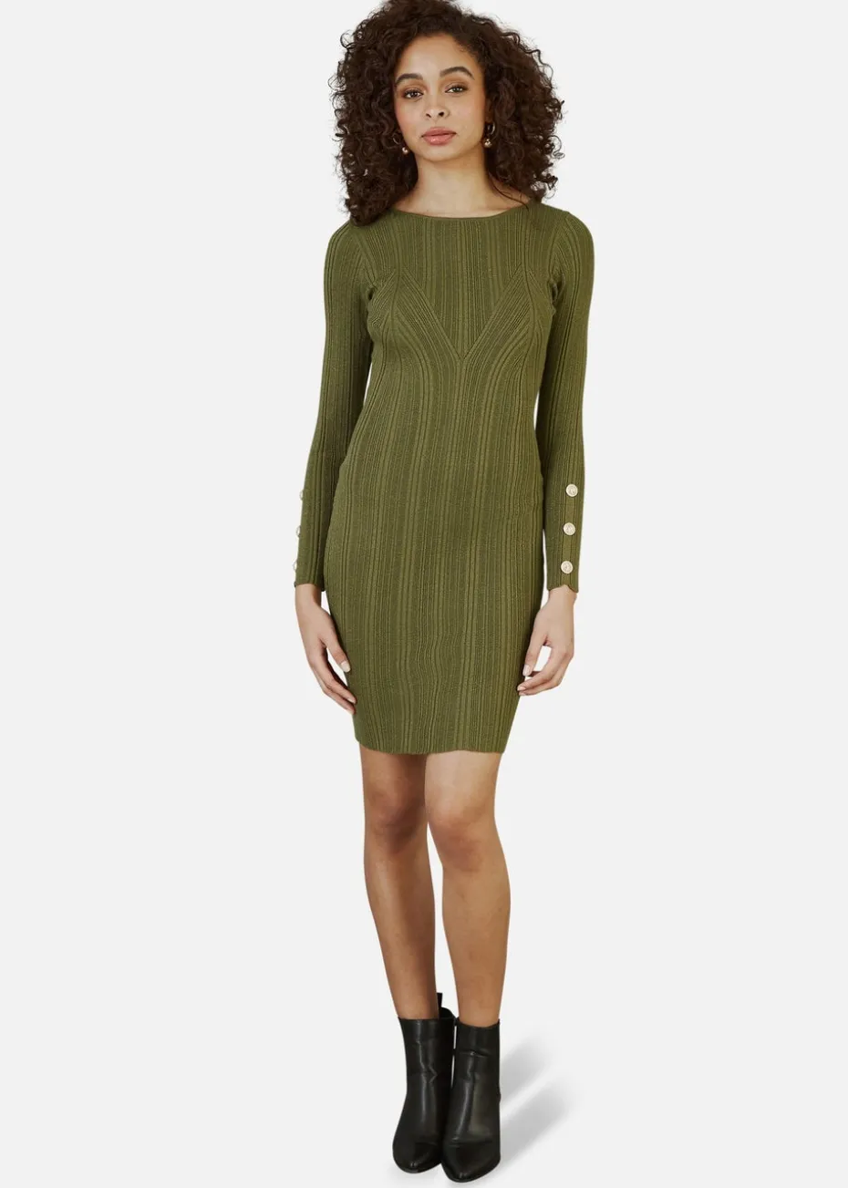 Yumi Green Shimmer Fitted Midi Dress With Button