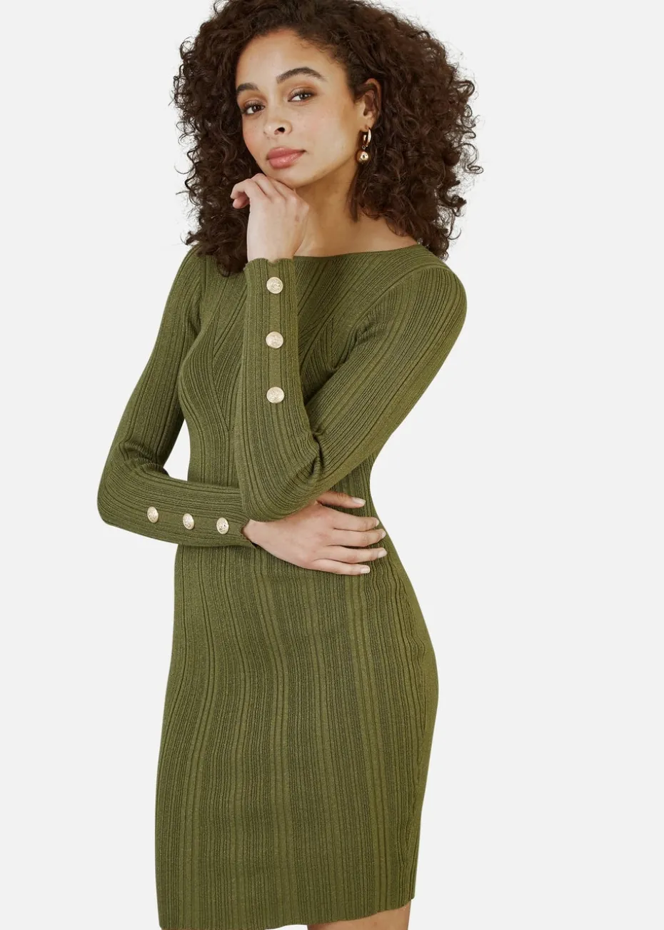 Yumi Green Shimmer Fitted Midi Dress With Button