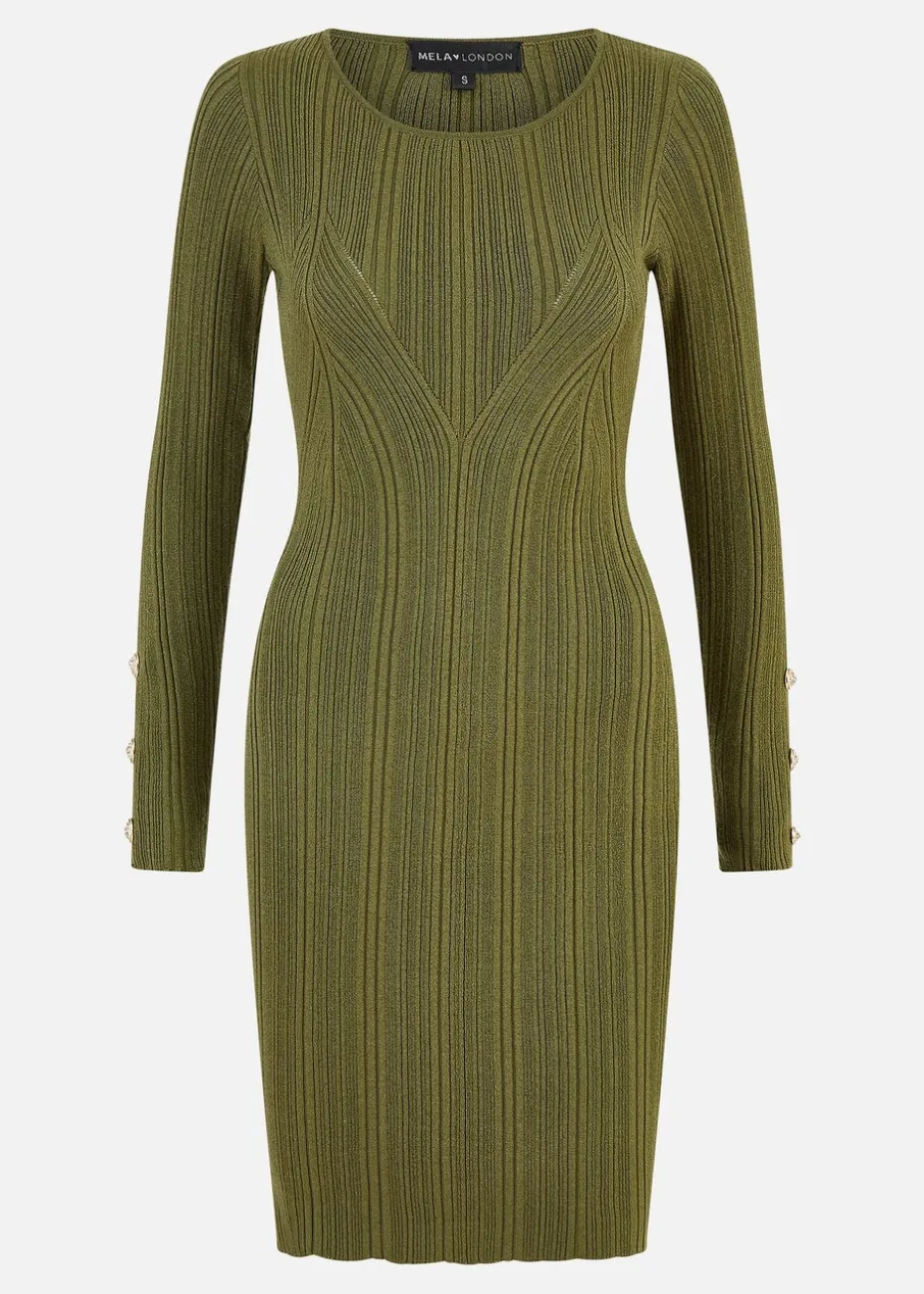 Yumi Green Shimmer Fitted Midi Dress With Button