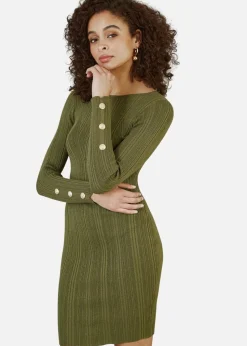Yumi Green Shimmer Fitted Midi Dress With Button