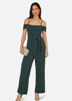 Yumi Green Sparkle Stretch Bardot Jumpsuit