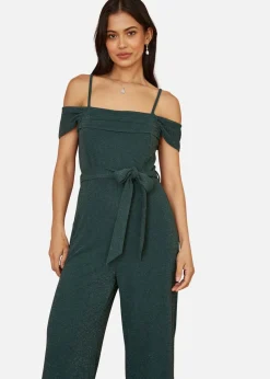 Yumi Green Sparkle Stretch Bardot Jumpsuit