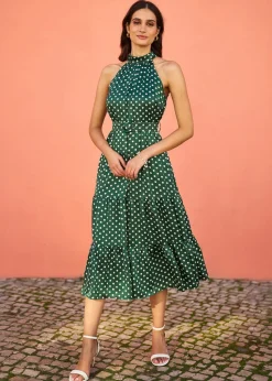 Yumi Green Spot Print Halter Midi Dress With Matching Belt