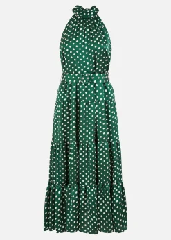 Yumi Green Spot Print Halter Midi Dress With Matching Belt