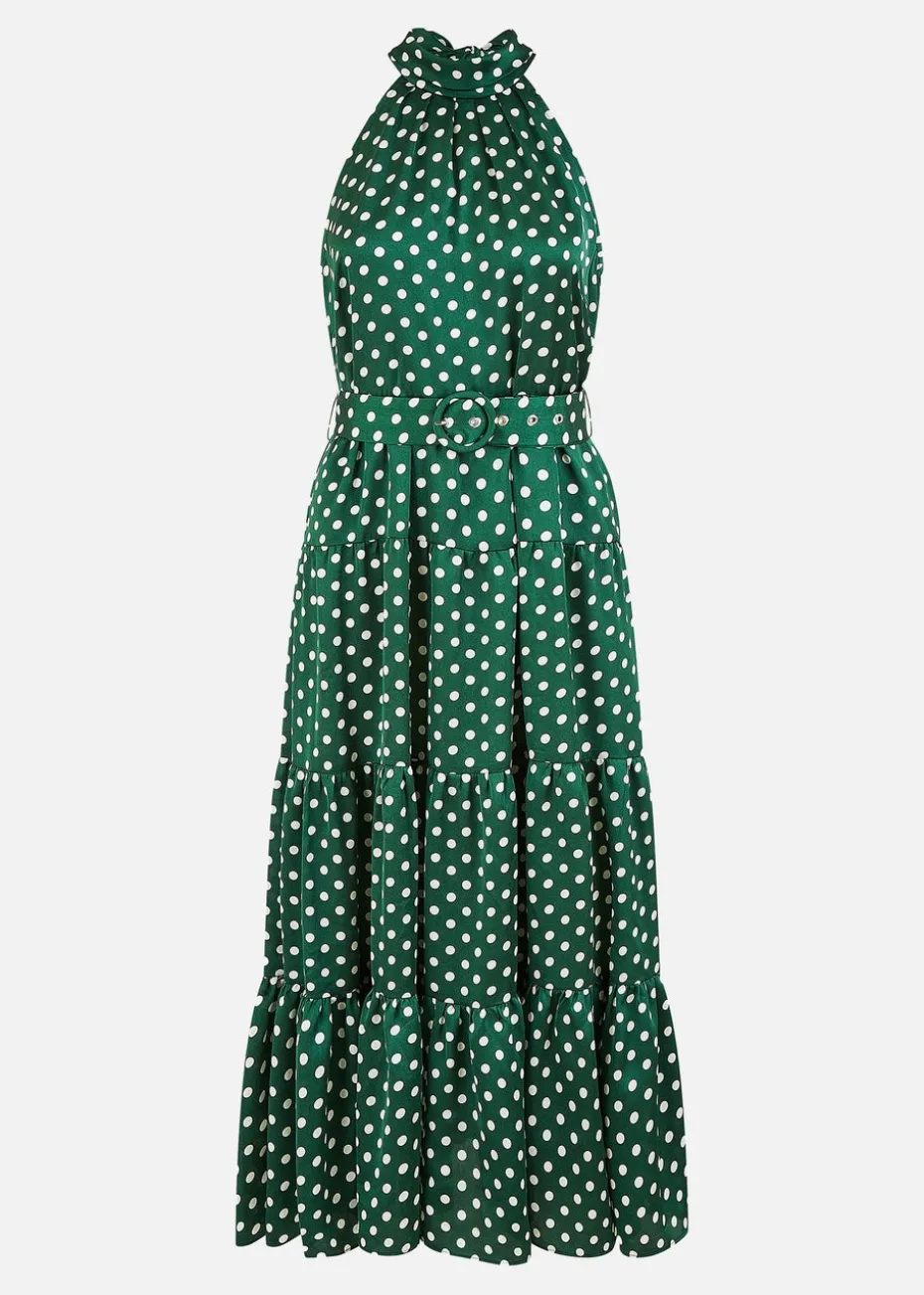 Yumi Green Spot Print Halter Midi Dress With Matching Belt