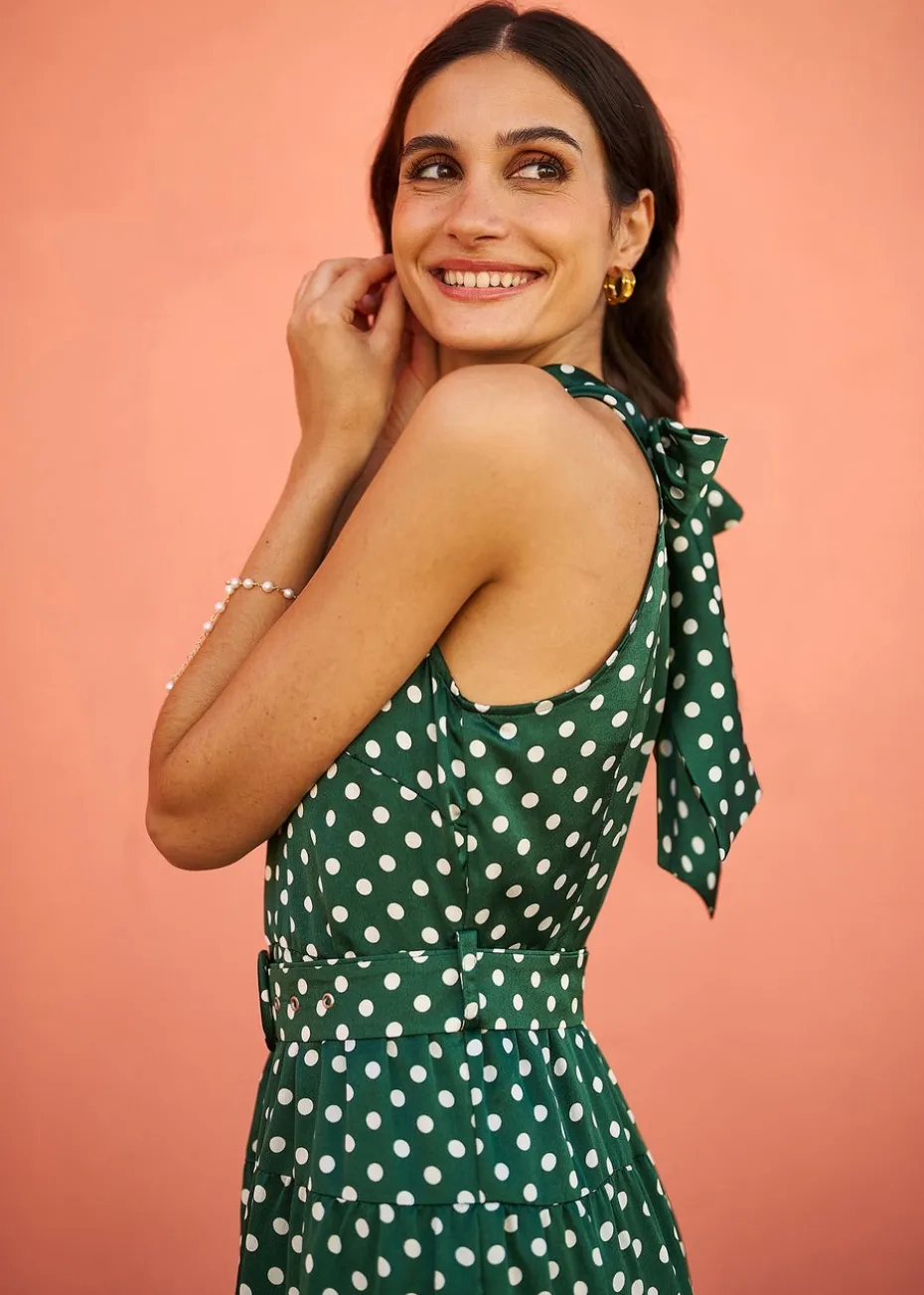 Yumi Green Spot Print Halter Midi Dress With Matching Belt