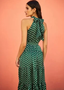 Yumi Green Spot Print Halter Midi Dress With Matching Belt