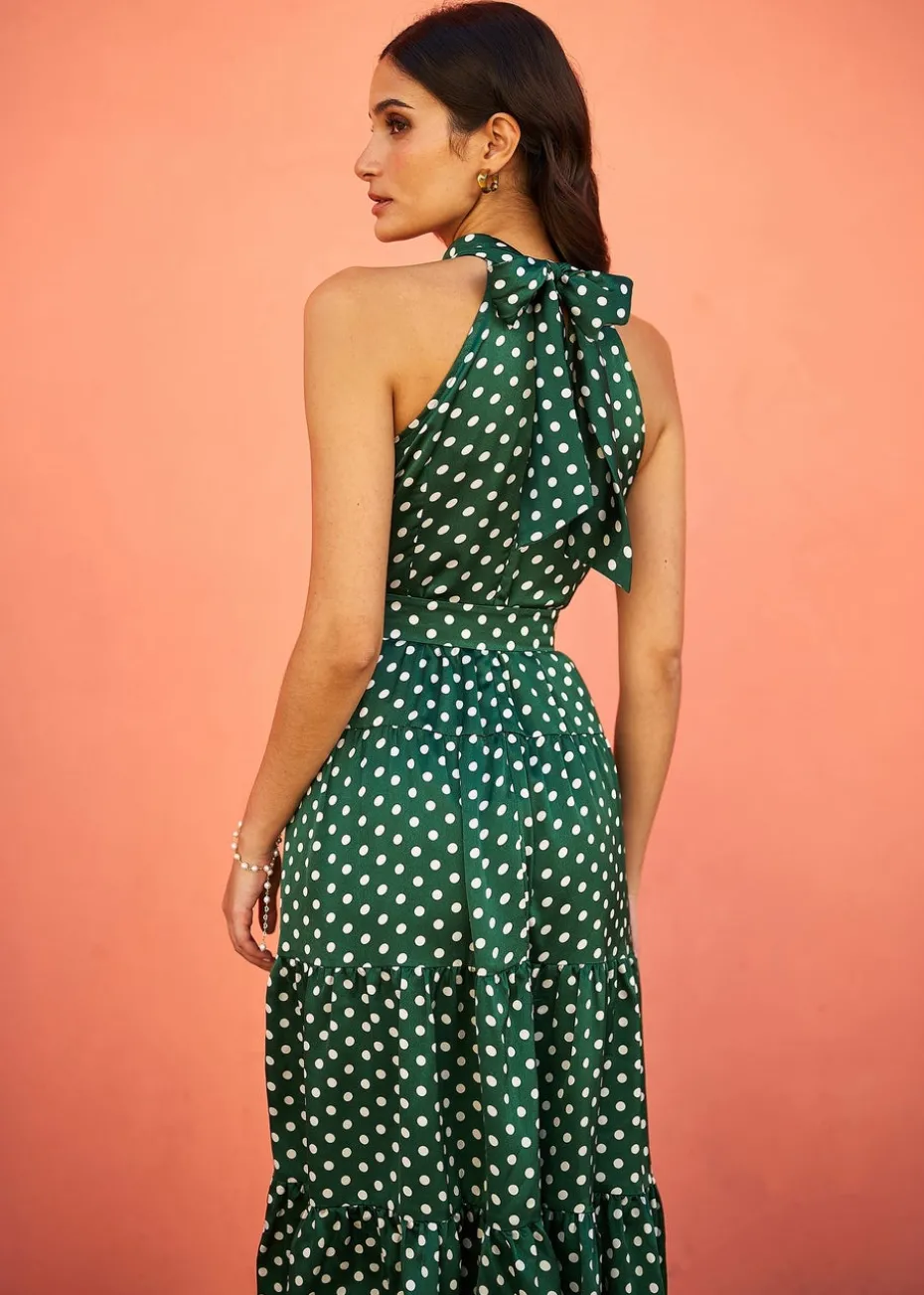 Yumi Green Spot Print Halter Midi Dress With Matching Belt