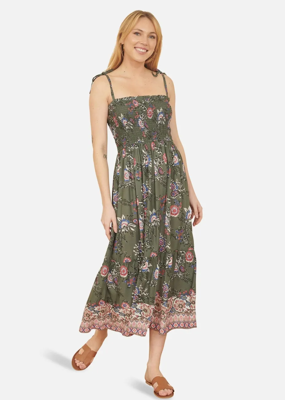 Yumi Green Strappy Paisley Print Midi Dress With Ruched Bodice