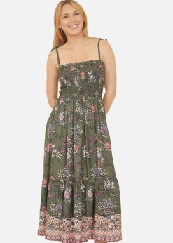 Yumi Green Strappy Paisley Print Midi Dress With Ruched Bodice