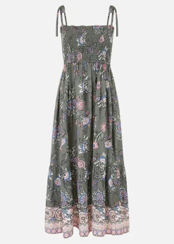 Yumi Green Strappy Paisley Print Midi Dress With Ruched Bodice