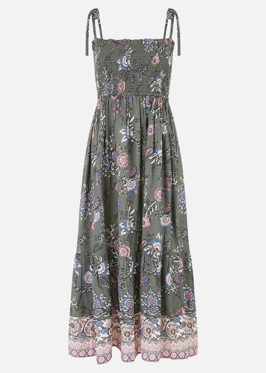 Yumi Green Strappy Paisley Print Midi Dress With Ruched Bodice