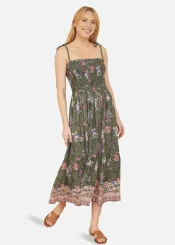 Yumi Green Strappy Paisley Print Midi Dress With Ruched Bodice