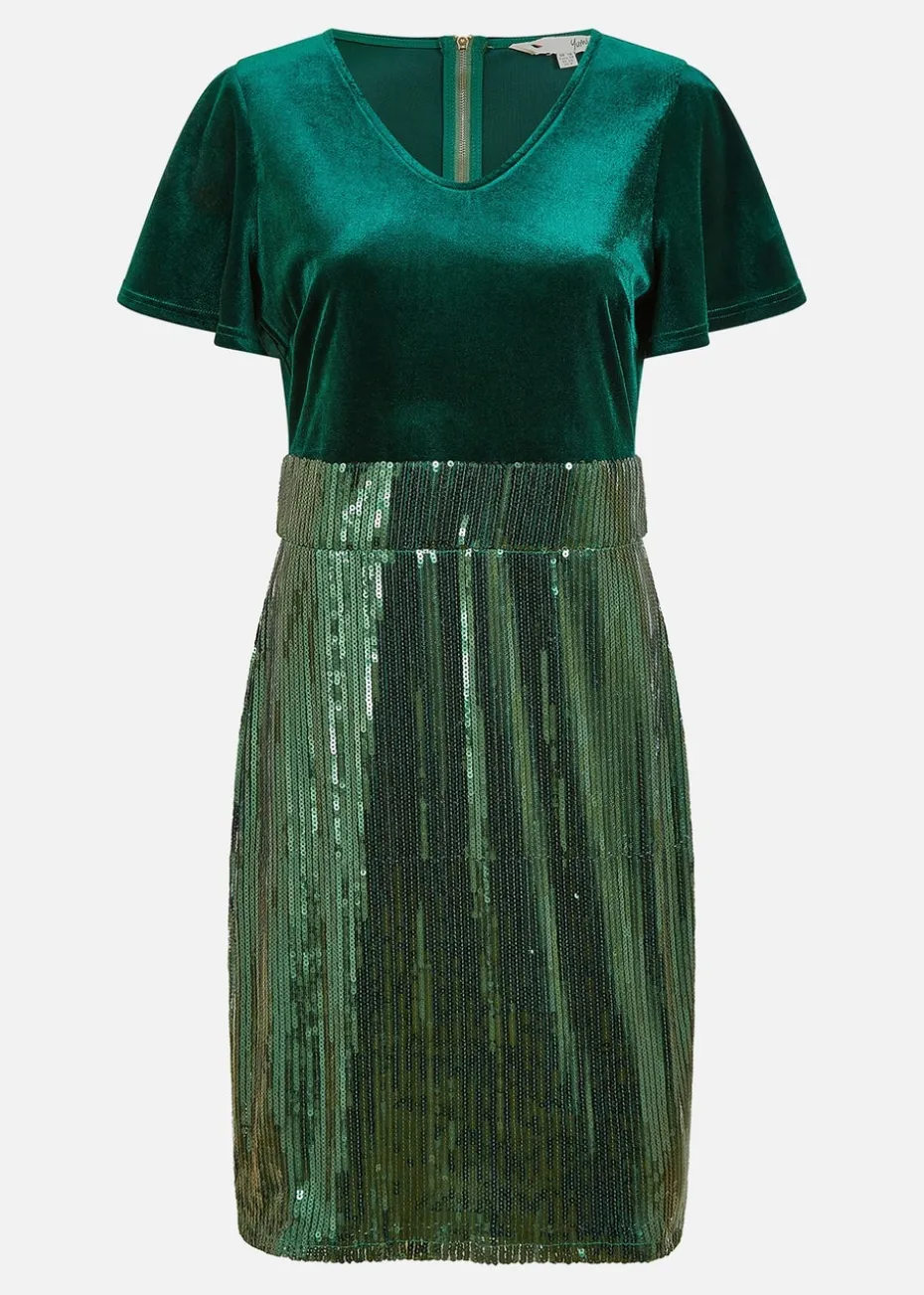 Yumi Green Velvet And Sequin Fitted Dress