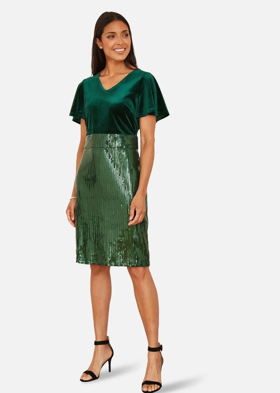 Yumi Green Velvet And Sequin Fitted Dress