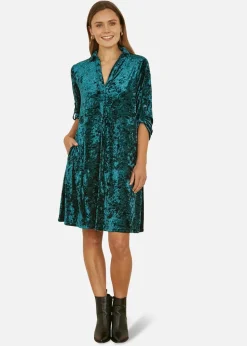 Yumi Green Velvet Tunic Dress With 3/4 Sleeves