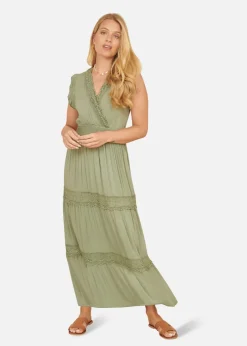 Yumi Green Viscose Lace Trim Wrap Maxi Dress