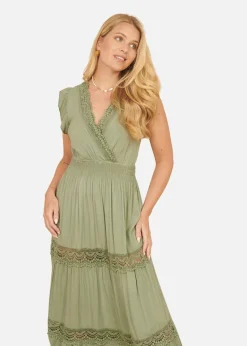 Yumi Green Viscose Lace Trim Wrap Maxi Dress