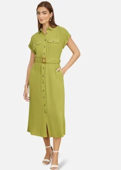 Yumi Green Viscose Linen Look Midi Shirt Dress With Wooden Belt