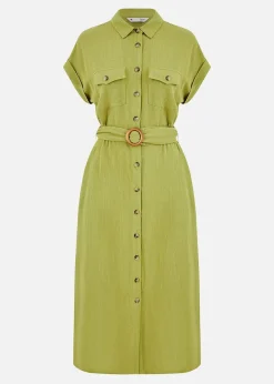 Yumi Green Viscose Linen Look Midi Shirt Dress With Wooden Belt