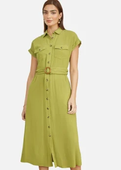 Yumi Green Viscose Linen Look Midi Shirt Dress With Wooden Belt