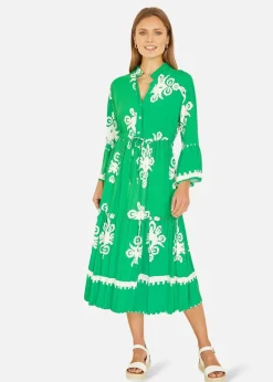 Yumi Green Viscose Midi Dress With Long Sleeves