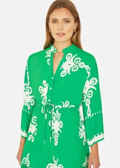 Yumi Green Viscose Midi Dress With Long Sleeves