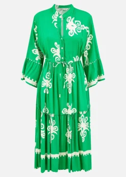 Yumi Green Viscose Midi Dress With Long Sleeves
