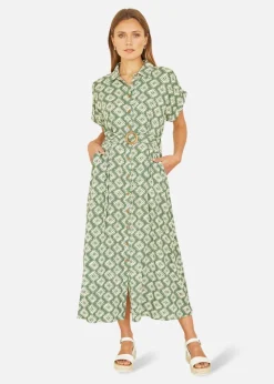 Yumi Green Viscose Midi Shirt Dress With Matching Belt