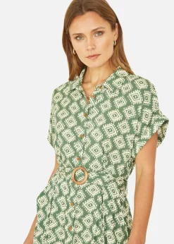 Yumi Green Viscose Midi Shirt Dress With Matching Belt