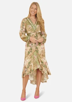 Yumi Green Viscose Scarf Print Tie Front Midi Dress With Dip Hem